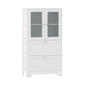 Bathroom Floor Storage Cabinet Freestanding Cupboard Pantry with 2 Drawers and 2 Frosted Glass Doors