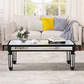 Silver Mirrored Coffee Table, Black Vintage Carved Wooden, Rectangle Glass Tea Table with Mirrored Finish