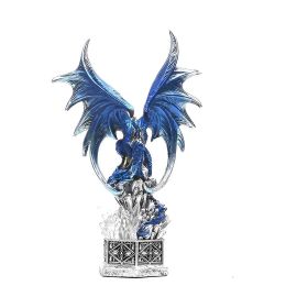 10.75"H LED Blue Dragon with Treasure Box Figurine Home Decor Gift