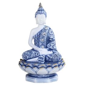 6"H Blue and White Thai Buddha on Lotus Seat Figurine Home Decor Gift