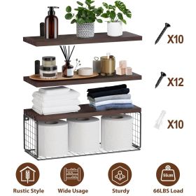 2 In 1 Floating Shelves Wall Mounted with Storage Basket Bathroom Shelves Over Toilet Wooden Shelves for Bedroom Living Room Kitchen Office Wall
