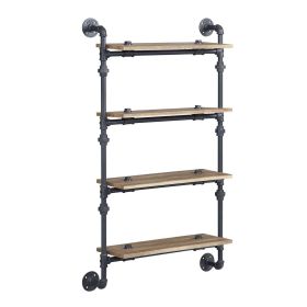 4 Tier Wall Shelf with Metal Tube, Oak and Sandy Black