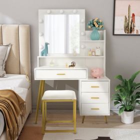 FCH Large Vanity Set with 9 LED Bulbs, Makeup Table with Cushioned Stool, 3 Storage Shelves 4 Drawers, Dressing Table Dresser Desk for Women, Girls