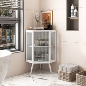 22.25 " Floor Coner Cabinet with Tempered Glass Door & Storage Shelves for Bathroom, Living Room, Bedroom (White)