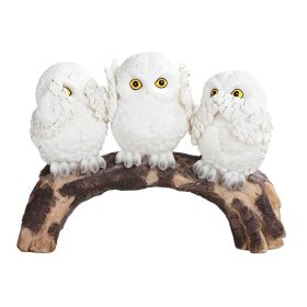 8"W Snowy Owls Standing on Tree Trunk Acting Hear-No, See-No, Speak-No Evil Figurine Home Decor Gift