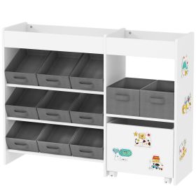Kids Toy Storage Organizer with 11 Bins, Moveable Cabinet, Top Shelves, 3 Stickers, for Nursery, Playroom, White