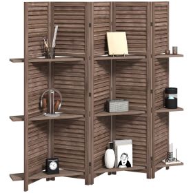 5 Panel 67" Tall Wood Privacy Screen Room Divider with 3 Shelves and Folding Storage for Bedroom, Walnut