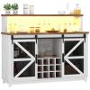 55" Coffee Bar Cabinet with Lights, Farmhouse Wine Cabinet with Wine and Glass Racks for Kitchen, Dining Room, White