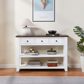 Retro Design Console Table with Two Open Shelves, Pine Solid Wood Frame and Legs for Living Room