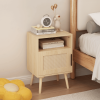 22.83" H Rattan Nightstand, Side Table with Door Open Shelf,Accent Bedside End Table with Solid Wood Legs for Bedroom, Dorm and Small Spaces