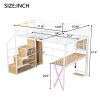 Full Size Metal Loft Bed with Built-in Work Station, Wardrobe, Storage Staircase and LED, White