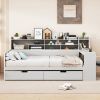 Wooden Full Size Daybed with Storage Shelves, Multi-functional Bed with Two Storage Drawers and Study Desk, Antique White