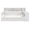 Wooden Full Size Daybed with Storage Shelves, Multi-functional Bed with Two Storage Drawers and Study Desk, Antique White