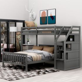 Twin over Full Loft Bed with Staircase,Gray (Color: gray)