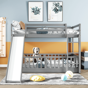 Twin Over Twin Bunk Bed with Slide and Ladder (Color: gray)