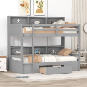 Twin Size Bunk Bed with Built-in Shelves Beside both Upper and Down Bed and Storage Drawe (Color: gray)
