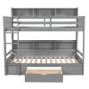 Twin Size Bunk Bed with Built-in Shelves Beside both Upper and Down Bed and Storage Drawe